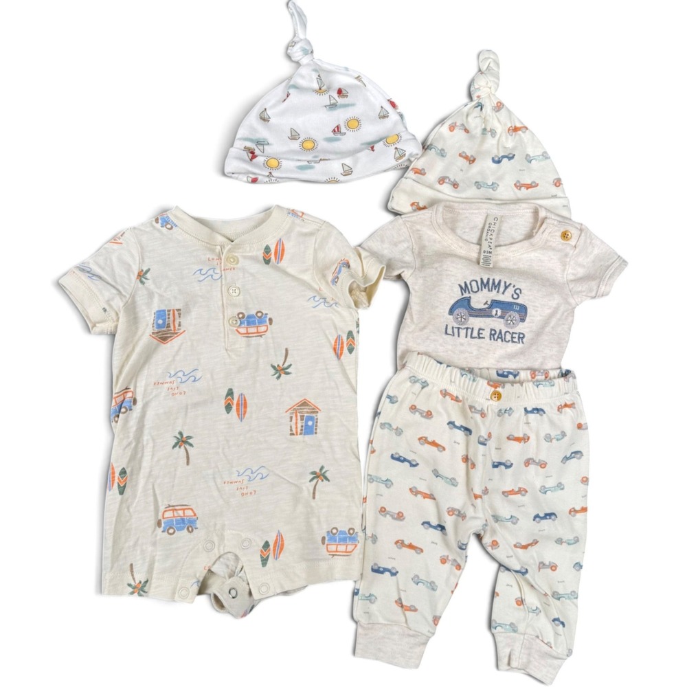 Carter's & Chick Pea Baby Boy 5pc Set Romper Bodysuit Pants Hats 0-3M